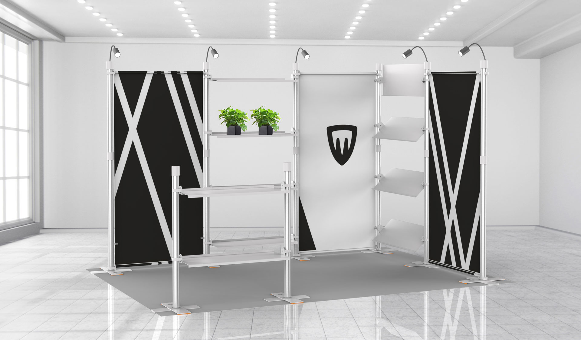 выставочный стенд с полками и нишами